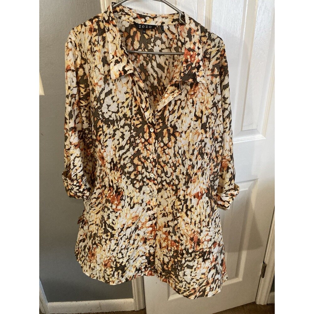 Cream and Brown Printed Button-Up Women's Top